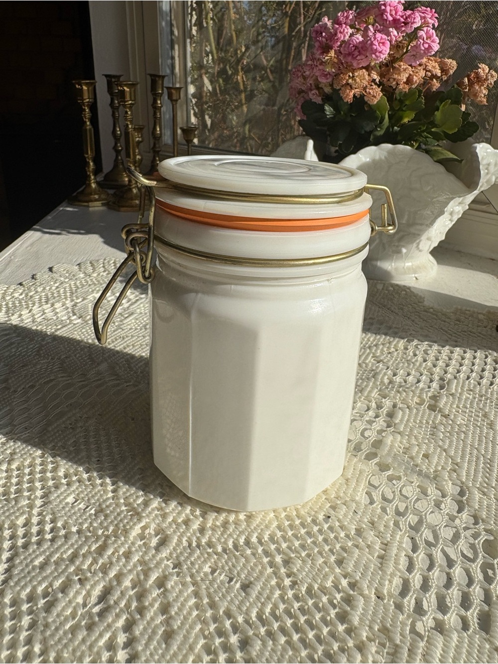 White milk glass Canister with Orange Gasket - Home Accents